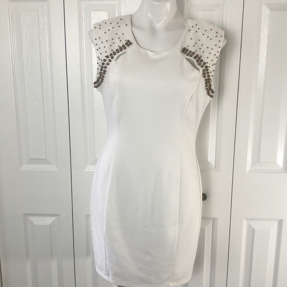 Ruby Rox Cream Colored Lined Sleeveless Dress with Gold Beads. Size 13